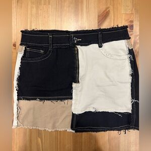 Patchwork Black and Cream Denim Skirt